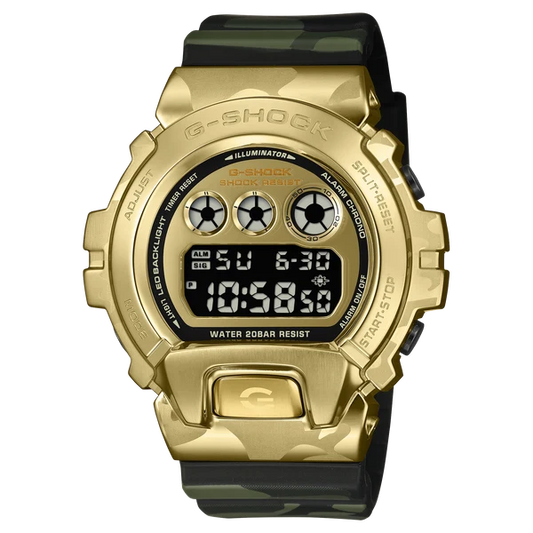 G-SHOCK DIGITAL GOLD PLATED CASE, CAMOUFLAGE RESIN BAND GM6900CMG-3D.