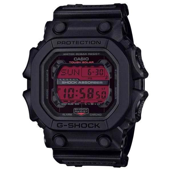 G-SHOCK DIGITAL WATCH TOUGH SOLAR BLACK AND BOLD RED FACE BLACK RESIN BAND.