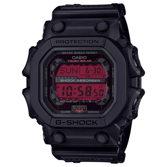 G-SHOCK DIGITAL WATCH TOUGH SOLAR BLACK AND BOLD RED FACE BLACK RESIN BAND.