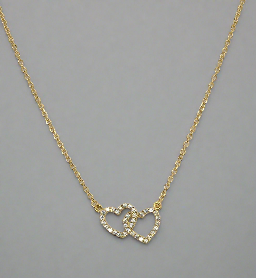 9CT YELLOW GOLD 43CM IMPORTED CUBIC ZIRCONIA OPEN DOUBLE HEART NECKLACE.