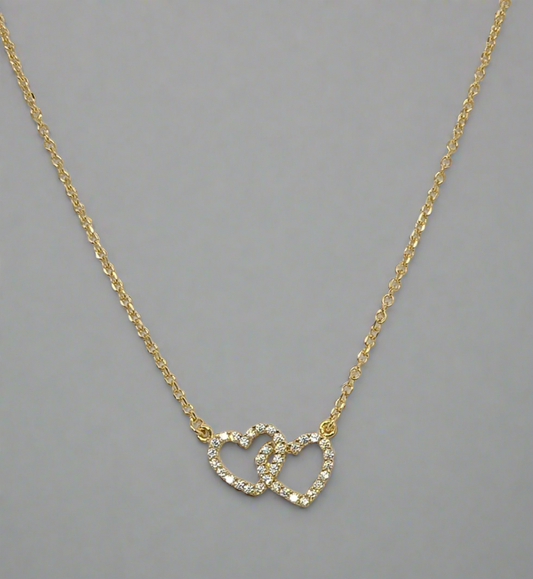 9CT YELLOW GOLD 43CM IMPORTED CUBIC ZIRCONIA OPEN DOUBLE HEART NECKLACE.