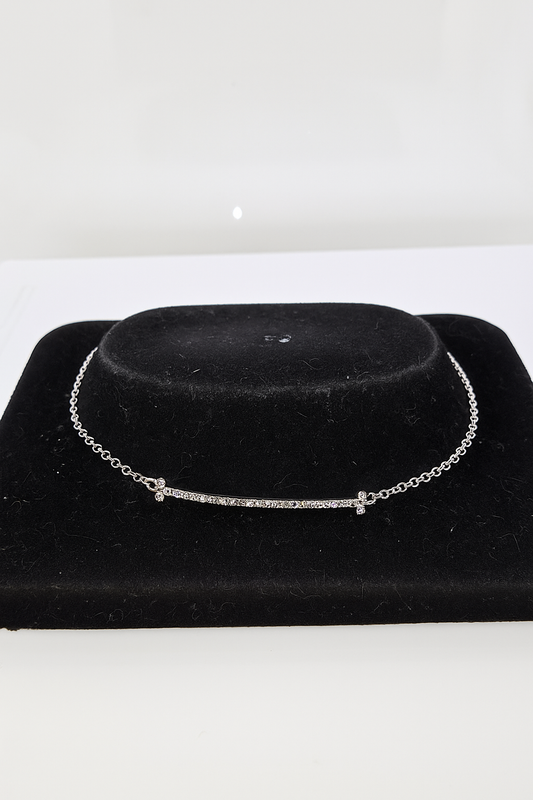 9CT WHITE GOLD 19CM IMPORTED TRACE CHAIN WITH CUBIC ZIRCONIA BAR BRACELET