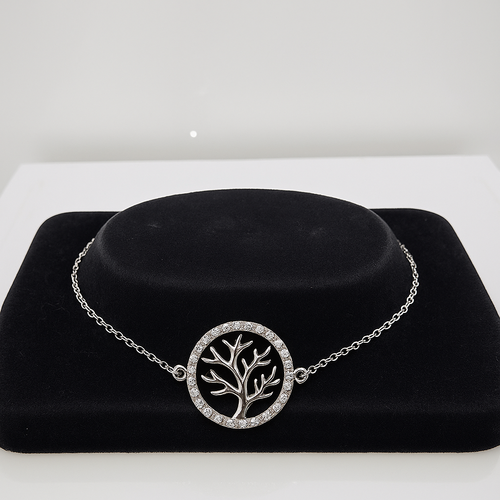 9CT WHITE GOLD 18CM IMPORTED TRACE CHAIN WITH CUBIC ZIRCONIA TREE OF LIFE BRACELET