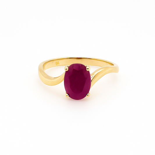 9CT YELLOW GOLD 8 X 6MM OVAL 1.6CT RUBY RING.