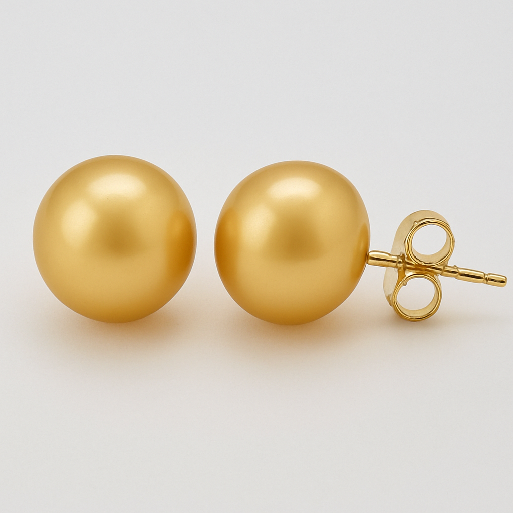 18CT YELLOW GOLD 10MM GOLD SOUTH SEA PEARL STUD EARRINGS.