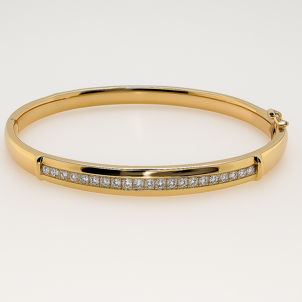 9CT YELLOW GOLD HANDMADE SOLID OVAL HINGED BANGLE DIAMOND GRAIN SET