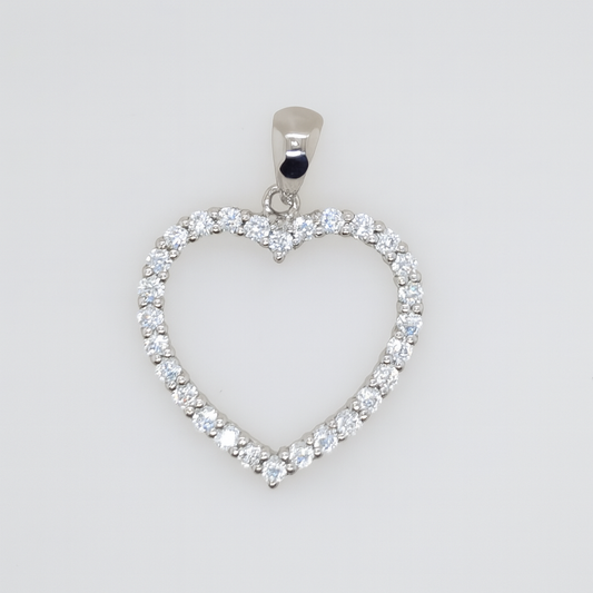 9CT WHITE GOLD 18MM CUBIC ZIRCONIA OPEN HEART PENDANT.