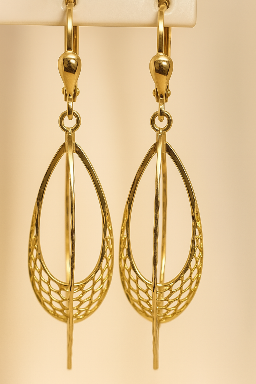 9CT YELLOW GOLD IMPORTED FANCY DOUDLE TEARDROP DROP EARRINGS.