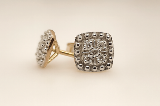 9CT YELLOW GOLD CUSHION SHAPE DIAMOND STUD EARRINGS.
