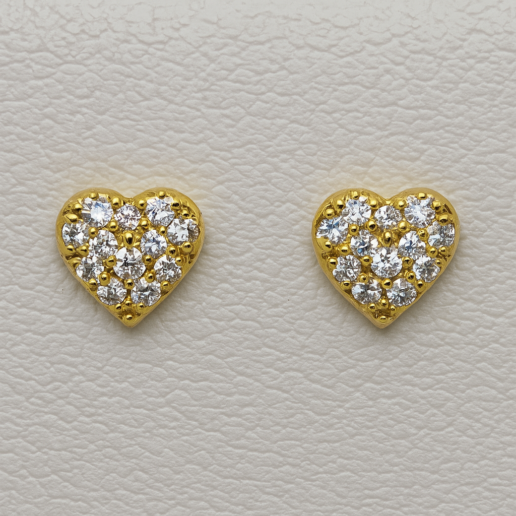 9CT YELLOW GOLD IMPORTED 5MM PAVE HEART CUBIC ZIRCONIA STUD EARRINGS.