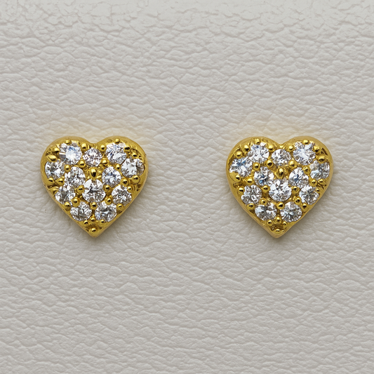 9CT YELLOW GOLD IMPORTED 5MM PAVE HEART CUBIC ZIRCONIA STUD EARRINGS.