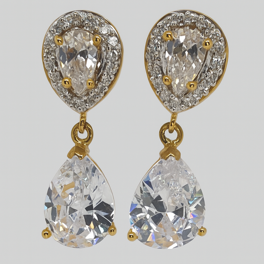 9CT YELLOW GOLD CUBIC ZIRCONIA FANCY DROP STUD EARRINGS