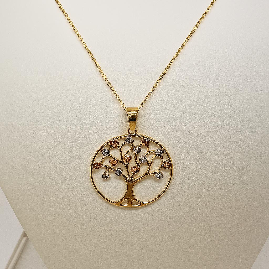 9CT THREE TONE DIAMOND CUT FANCY TREE OF LIFE 25MM PENDANT