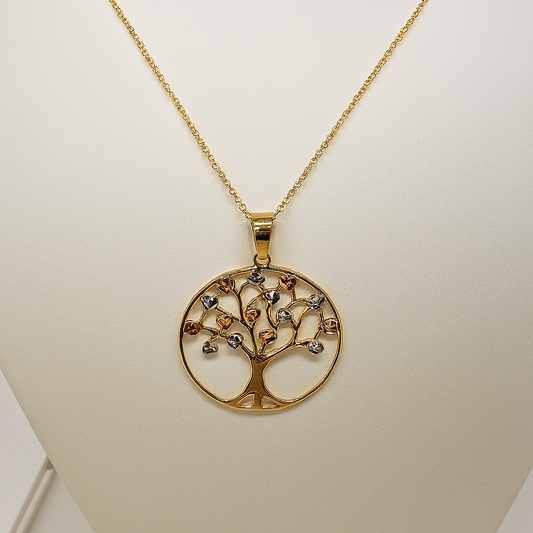 9CT THREE TONE DIAMOND CUT FANCY TREE OF LIFE 25MM PENDANT