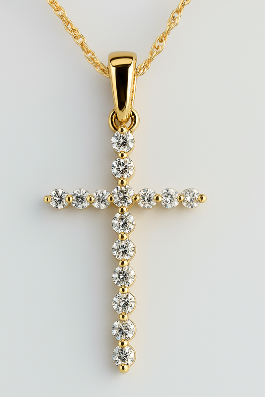 10CT YELLOW GOLD CLAW SET DIAMOND CROSS WITH CHAIN.