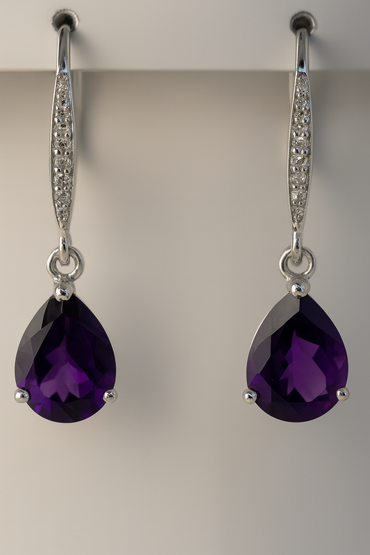 9CT WHITE GOLD CLAW SET AMETHYST AND DIAMOND HOOK EARRINGS.
