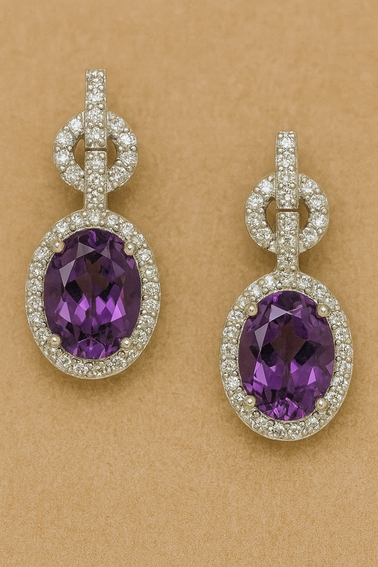 9CT WHITE GOLD OVAL AMETHYST AND DIAMOND DROP STUD EARRINGS