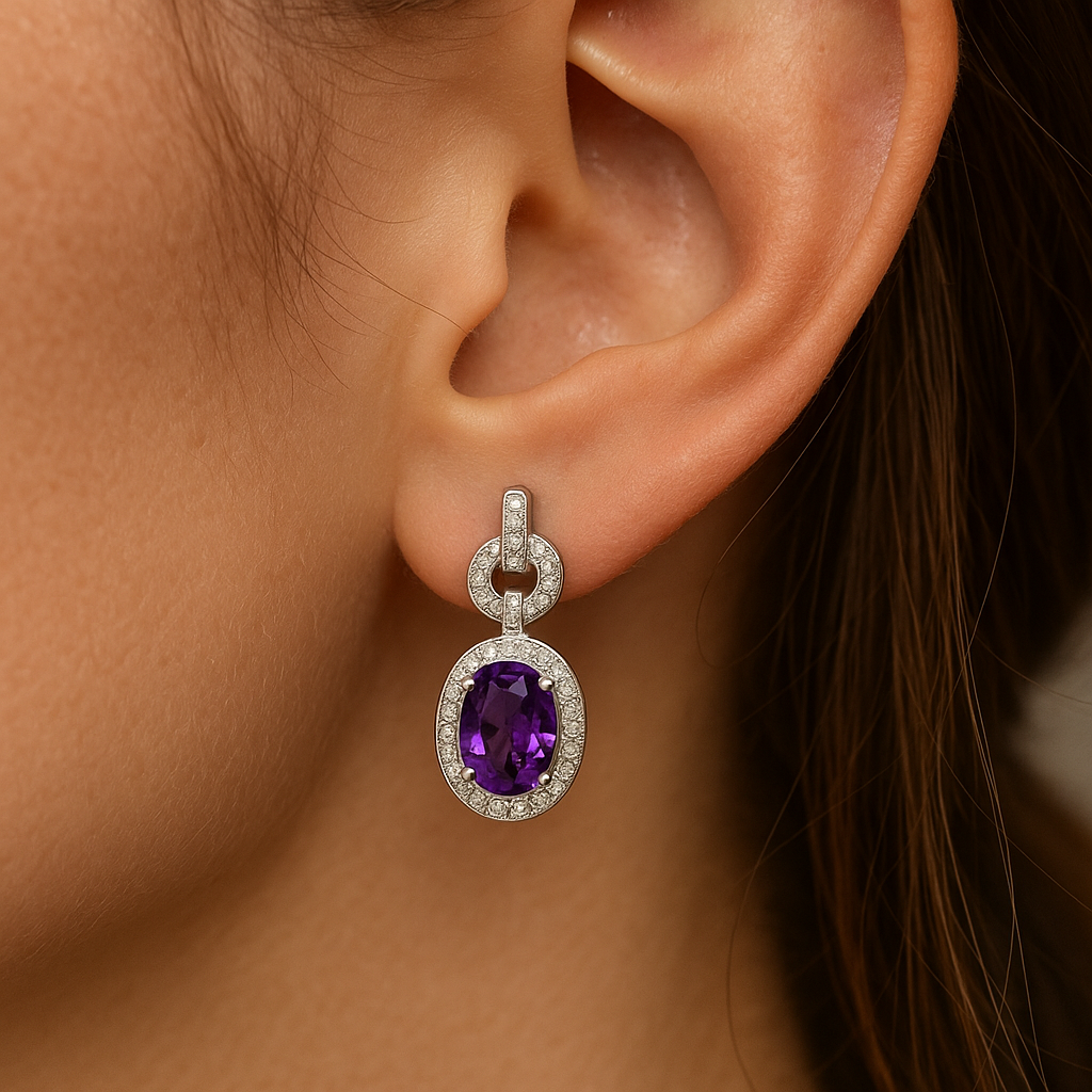 9CT WHITE GOLD OVAL AMETHYST AND DIAMOND DROP STUD EARRINGS