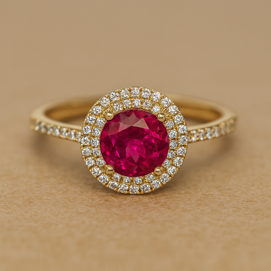 9CT YELLOW GOLD IMPORTED CREATED RUBY CENTER WITH CUBIC ZIRCONIA RING