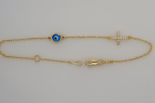 9CT YELLOW GOLD IMPORTED CUBIC ZIRCONIA CROSS AND EVIL EYE BRACELET.