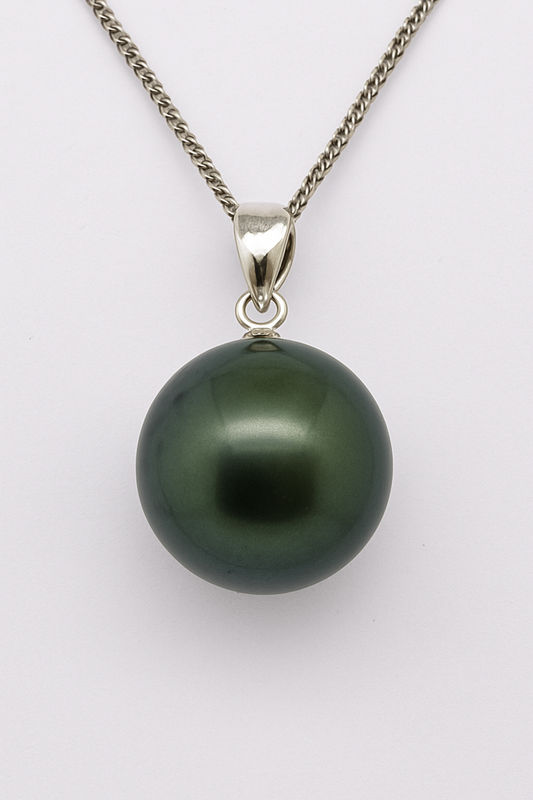 18CT WHITE GOLD 14MM TAHITIAN PEARL PENDANT.