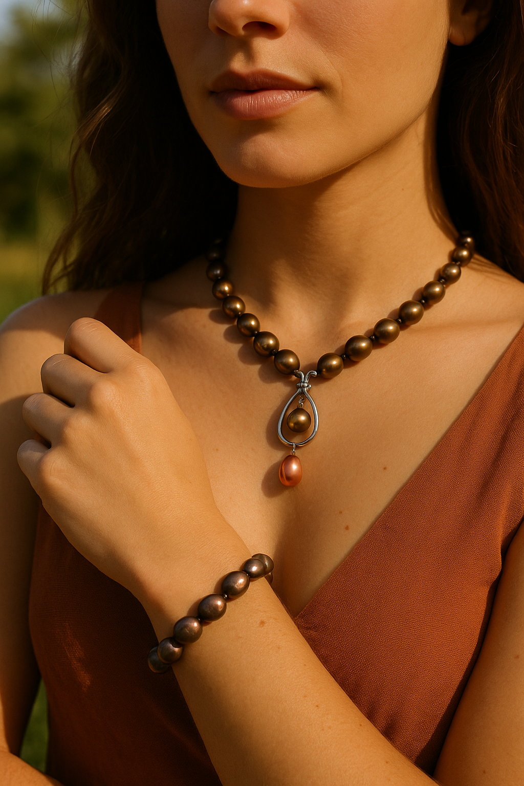 STERLING SILVER & 8-8.5MM BROWN FRESHWATER PEARL 45CM NECKLET WITH CUBIC ZIRCONIA DROP FEATURE.