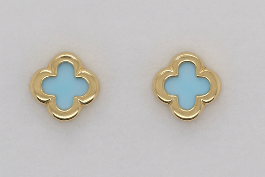 9CT YELLOW GOLD IMPORTED TURQUOISE 7.5MM CLOVER STUD EARRINGS.