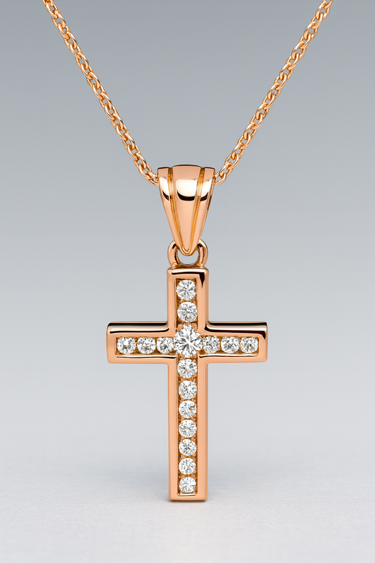 9CT ROSE GOLD CHANNEL SET DIAMOND CROSS.