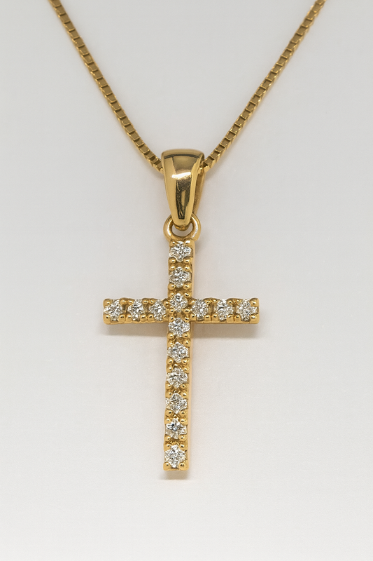 18CT YELLOW GOLD CLAW SET DIAMOND CROSS PENDANT