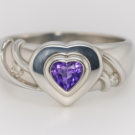 STERLING SILVER BEZEL SET 4MM AMETHYST HEART RING.
