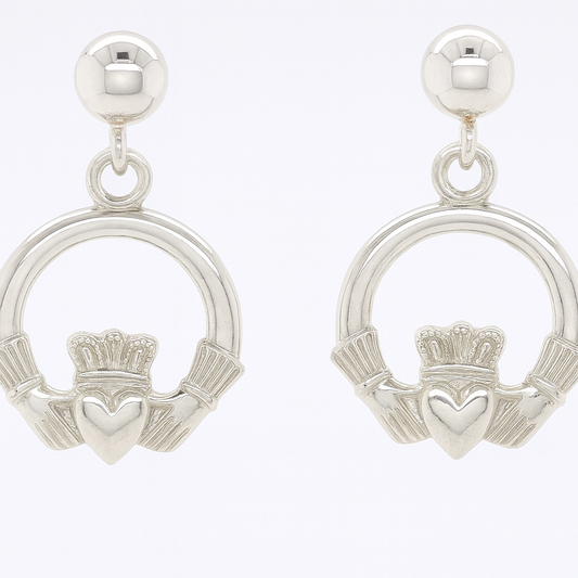 STERLING SILVER 15MM CLADDAGH STUD 5MM BALL EARRINGS