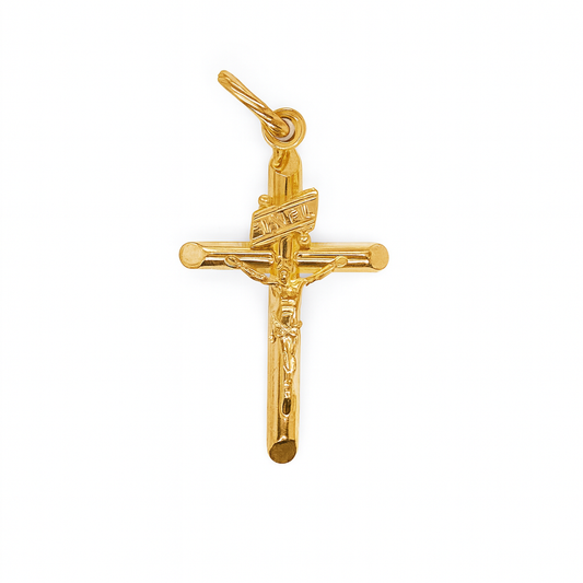 9CT YELLOW GOLD IMPORTED TUBULAR CRUCIFIX PRENDANT 25MM X 17MM