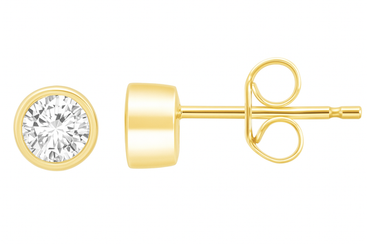 9CT YELLOW GOLD BEZEL SET DIAMOND STUD EARRINGS.