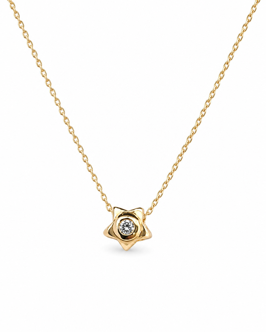 9CT YELLOW GOLD 7.5MM STAR PENDANT WITH 0.05CT ROUND DIAMOND.