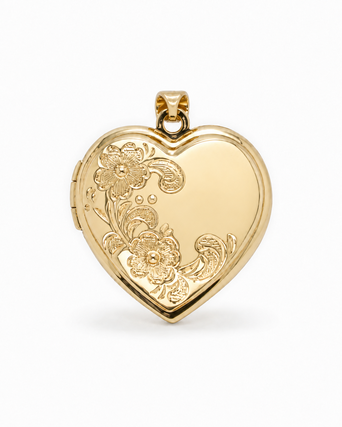 9CT YELLOW GOLD 21MM HEART LOCKET WITH FLORAL PATTERN.