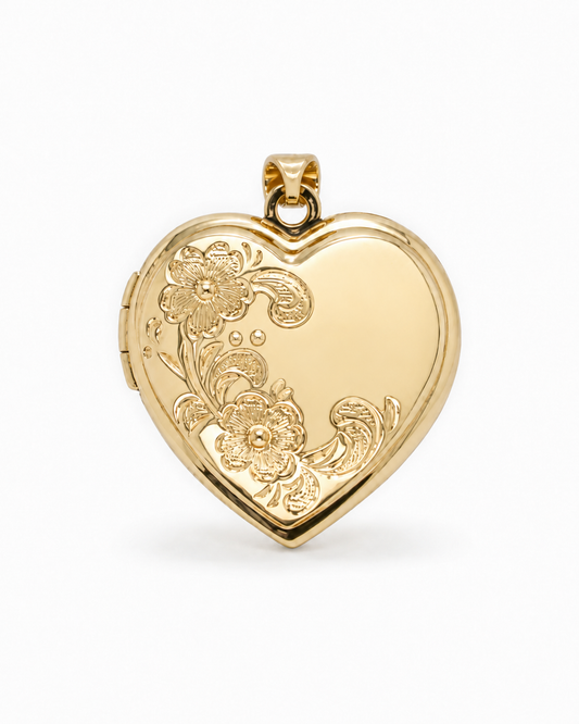 9CT YELLOW GOLD 21MM HEART LOCKET WITH FLORAL PATTERN.