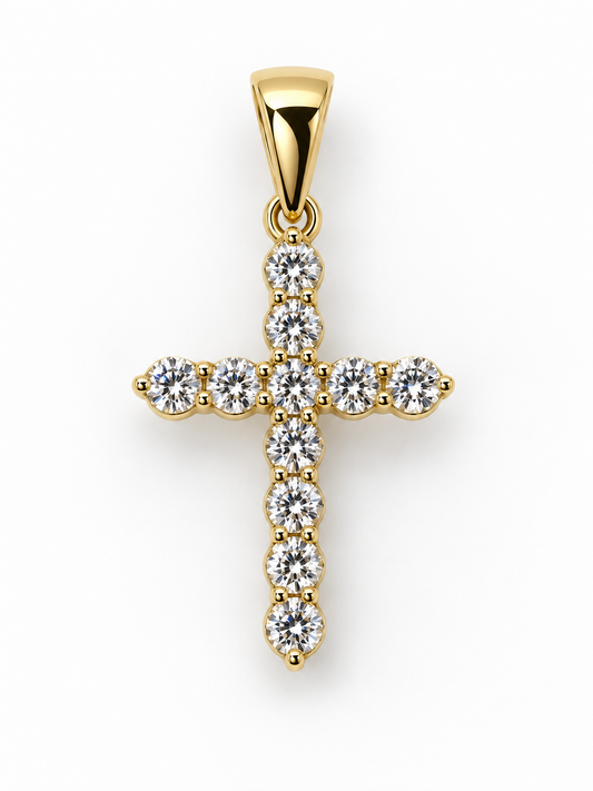 18CT YELLOW GOLD CLAW SET DIAMOND CROSS PENDANT.