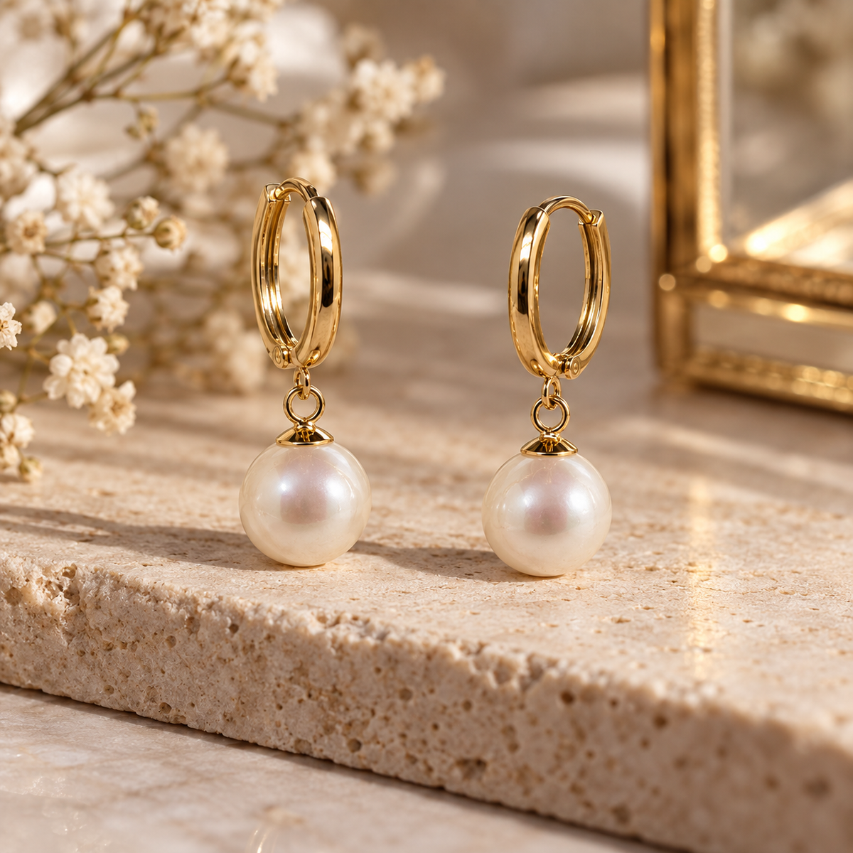 9CT YELLOW GOLD AND 6.5MM - 7MM FRESHWATER PEARL HUGGIE EARRINGS.