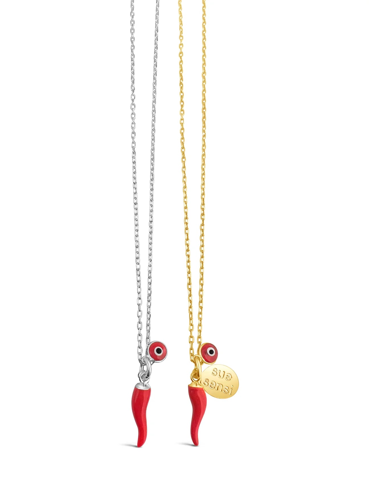 SUE SENSI GOLD PLATED CHILLI 45CM NECKLACE WITH RED CHILLI AND EVIL EYE