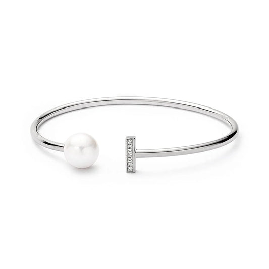 STERLING SILVER CUFF BANGLE 10.5-11MM FRESHWATER PEARL AND CUBIC ZIRCONIA.