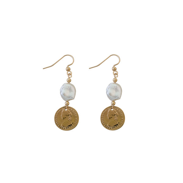 VON TRESKOW STERLING SILVER YELLOW GOLD PLATED THREEPENCE TOKEN EARRINGS. KLE02-Y