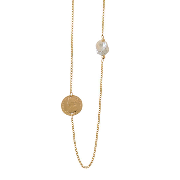 VON TRESKOW YELLOW GOLD FILLED FLAT FINE CURB CHAIN WITH KESHI PEARL AND YELLOW GOLD PLATED THREEPENCE TOKEN. KLN02-Y