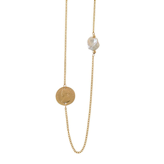 VON TRESKOW YELLOW GOLD FILLED FLAT FINE CURB CHAIN WITH KESHI PEARL AND YELLOW GOLD PLATED THREEPENCE TOKEN. KLN02-Y