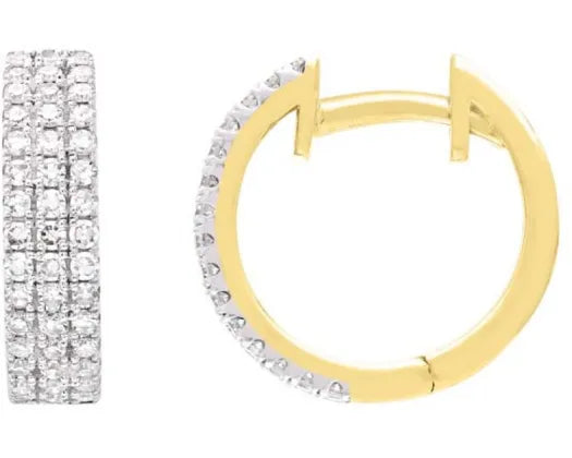 9CT YELLOW GOLD THREE ROW 0.48CT F VS PAVE SET LAB GROWN DIAMOND HUGGIE EARRINGS 3.8MM WIDE X 11MM INTERNAL DIAMETER.