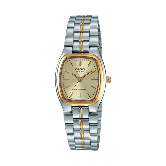 CASIO WATCH TWO TONE RECTANGLE FACE TWO TONE STAINLESS STEEL BAND.