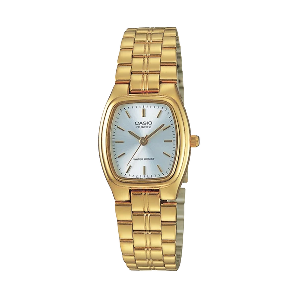 CASIO ANALOGUE WATCH RECTANGLE GOLDTONE CASE AND STAINLESS STEEL BAND.