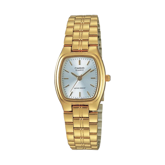 CASIO ANALOGUE WATCH RECTANGLE GOLDTONE CASE AND STAINLESS STEEL BAND.