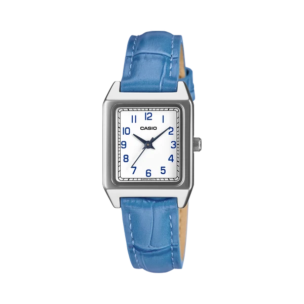 CASIO ANALOGUE WATCH SQUARE SILVER DIAL WITH BLUE LEATHER BAND .