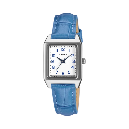 CASIO ANALOGUE WATCH SQUARE SILVER DIAL WITH BLUE LEATHER BAND .