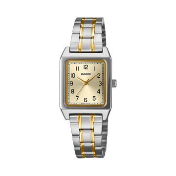 CASIO ANALOGUE WATCH SQUARE FACE GOLD DIAL WITH TWO TONE STAINLESS STEEL BAND.